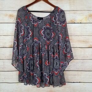 AB Studio Womens Size M Top Layered With Tank Ruffle Floral Geometric Flowy Work